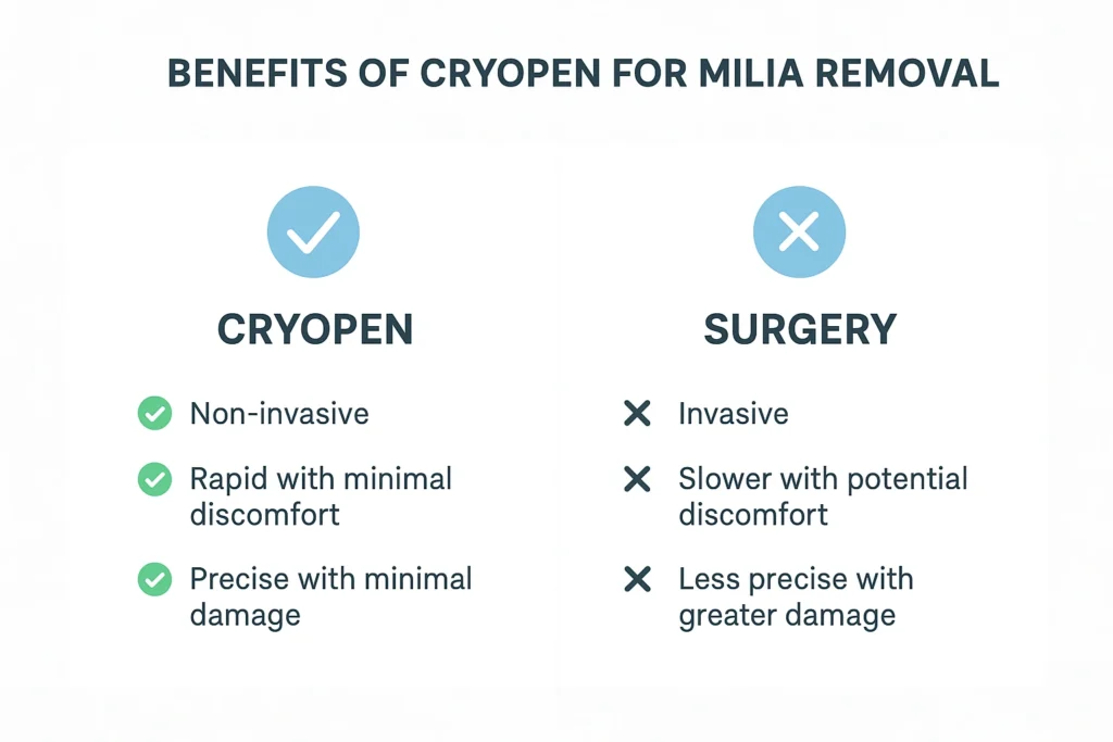 Benefits of cryopen for milia removal Shepperton compared to surgical treatments.