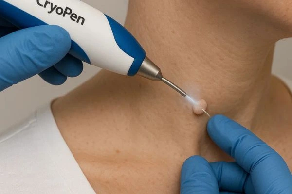 Person receiving cryotherapy Shepperton for skin tag removal