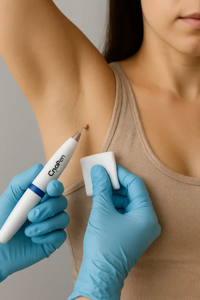 woman having cryopen to remove underarm skin tags Shepperton