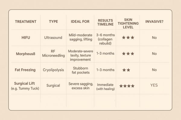 Table showing the comparisons of Skin tightening Shepperton treatment options.